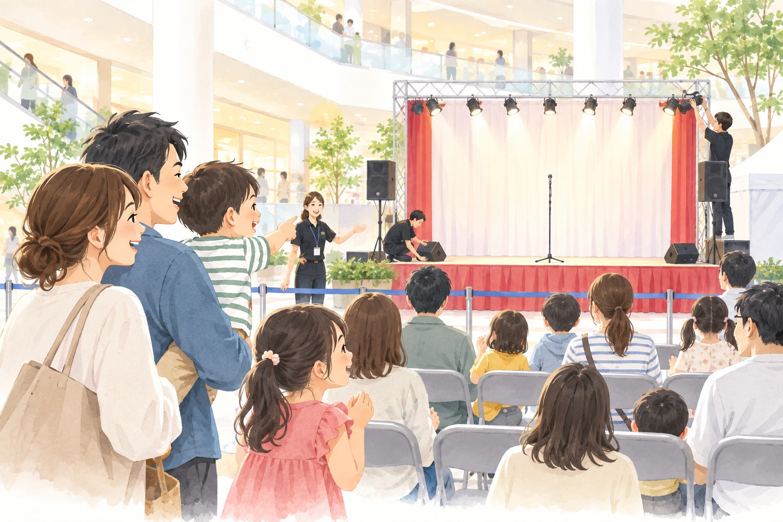商業施設のショー開演を待つ親子のイラスト